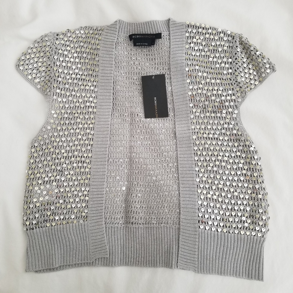 BCBGMAXAZRIA Women's Gray Silk Sequin Bolero Shrug
